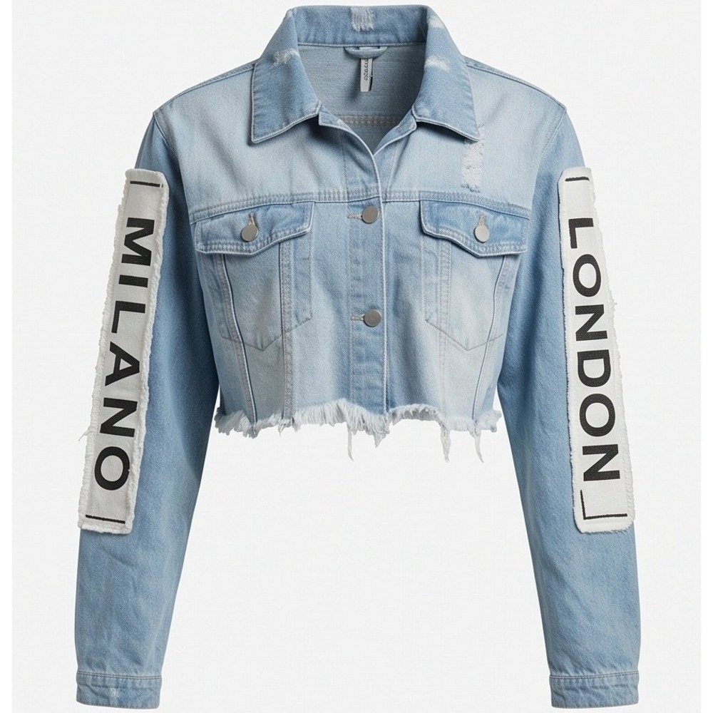 American Bazi 3X Fashion Tour Distressed Cropped Denim Jean Jacket Light Blue